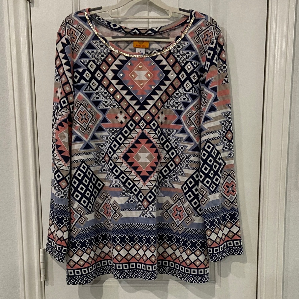 Ruby Rd. Multicolor Geometric Long Sleeve Top
